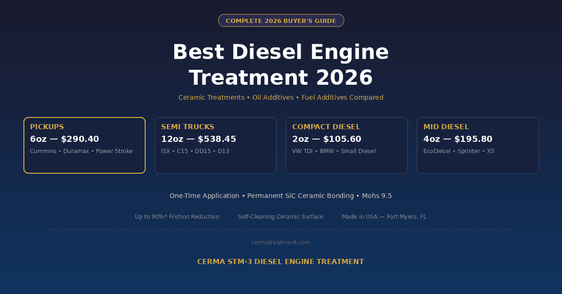 Best diesel engine treatment 2026 complete buyers guide showing Cerma STM-3 diesel sizing for pickups semi trucks and compact diesel with pricing from 105 to 538 dollars at cermatreatment.com
