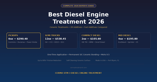 Best diesel engine treatment 2026 complete buyers guide showing Cerma STM-3 diesel sizing for pickups semi trucks and compact diesel with pricing from 105 to 538 dollars at cermatreatment.com