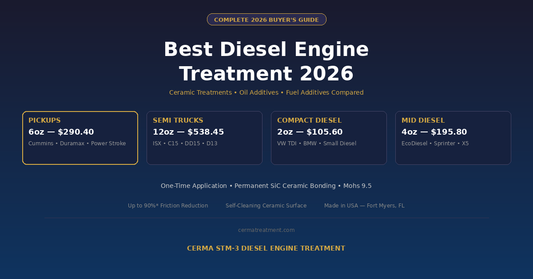Best diesel engine treatment 2026 complete buyers guide showing Cerma STM-3 diesel sizing for pickups semi trucks and compact diesel with pricing from 105 to 538 dollars at cermatreatment.com