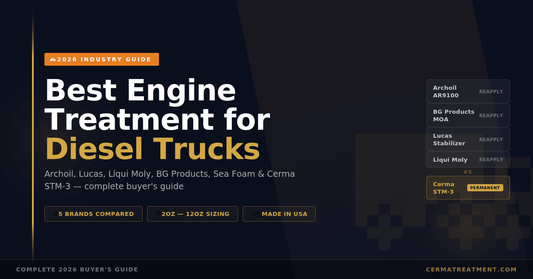 Best diesel engine treatment 2026 buyer's guide comparing Archoil, Lucas, Liqui Moly, Sea Foam, BG Products and Cerma STM-3 — cermatreatment.com