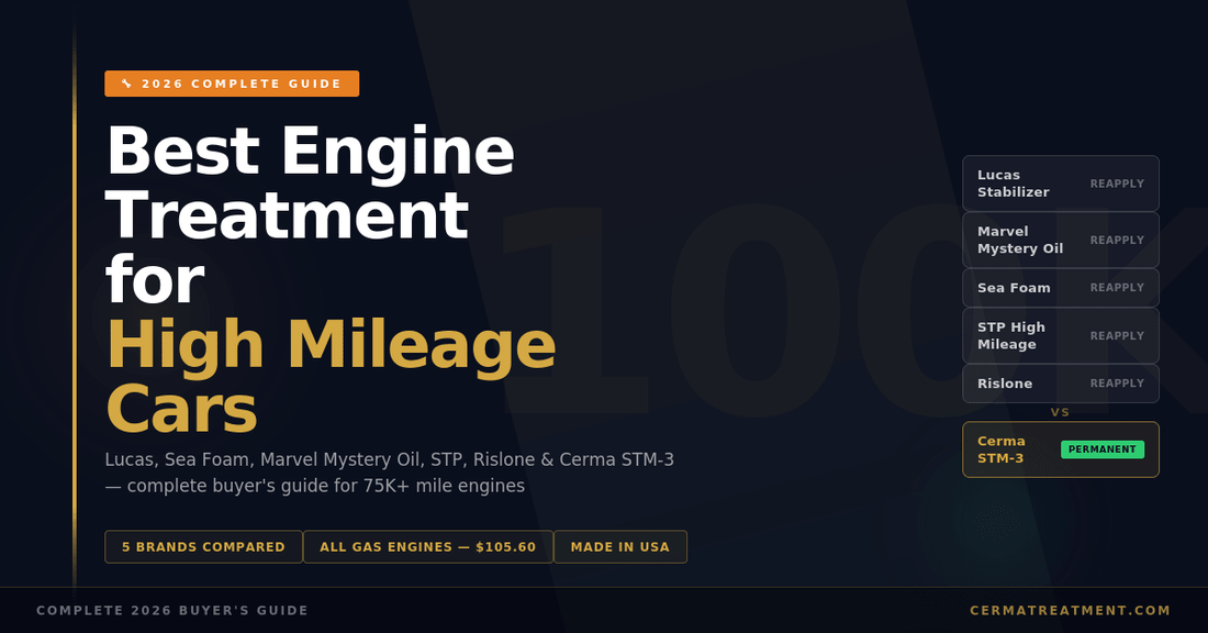 Best engine treatment for high mileage cars 2026 — comparing Lucas, Sea Foam, Marvel Mystery Oil, STP, Rislone and Cerma STM-3 permanent ceramic treatment — cermatreatment.com