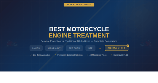 Best motorcycle engine treatment 2026 comparison guide — Cerma STM-3 ceramic treatment vs traditional motorcycle oil additives including Lucas, Liqui Moly, and Sea Foam