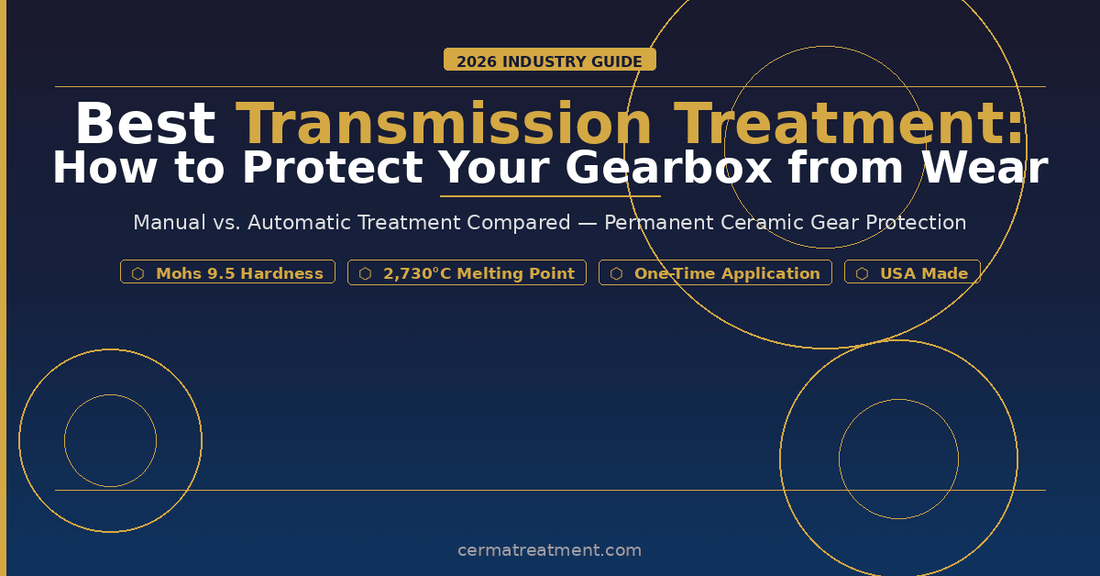 Best transmission treatment comparison guide 2026 — Cerma STM-3 manual and automatic gearbox ceramic protection on dark navy background with gold text from cermatreatment.com