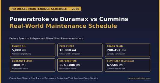 HD diesel maintenance intervals - oil 5K fuel 10K trans 20-45K coolant 100K differential 50-100K CCV 67K