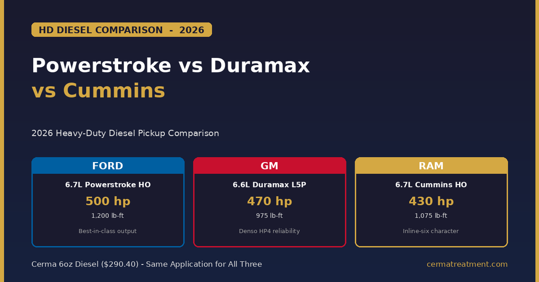 Powerstroke vs Duramax vs Cummins 2026 HD diesel pickup comparison - 500 hp Ford, 470 hp GM, 430 hp Ram