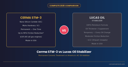  Cerma STM-3 vs Lucas Oil Stabilizer complete 2026 comparison showing split layout with Cerma ceramic treatment details on left and Lucas petroleum stabilizer on right with VS circle at cermatreatment.com