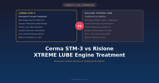 Cerma STM-3 vs Rislone XTREME LUBE Engine Treatment complete 2026 comparison showing split layout with Cerma permanent ceramic treatment details on left and Rislone traditional oil additive on right with VS circle at cermatreatment.com
