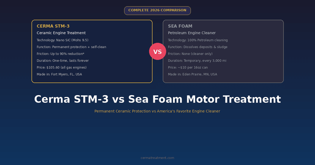 Cerma STM-3 vs Sea Foam Motor Treatment complete 2026 comparison showing split layout with Cerma ceramic treatment details on left and Sea Foam petroleum cleaner on right with VS circle at cermatreatment.com