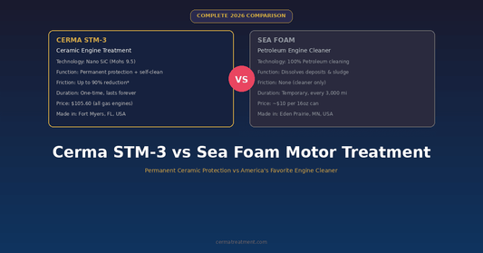 Cerma STM-3 vs Sea Foam Motor Treatment complete 2026 comparison showing split layout with Cerma ceramic treatment details on left and Sea Foam petroleum cleaner on right with VS circle at cermatreatment.com