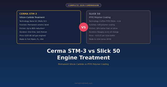 Cerma STM-3 vs Slick 50 Engine Treatment complete 2026 comparison showing split layout with Cerma Silicon Carbide treatment details on left and Slick 50 PTFE polymer coating on right with VS circle at cermatreatment.com
