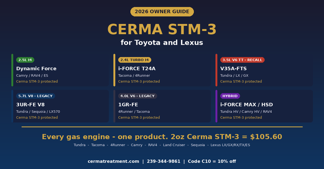 Cerma STM-3 Toyota Lexus engine guide 2026 - Dynamic Force, 2.4L i-FORCE, V35A V6, 5.7L V8, 4.0L V6, hybrid