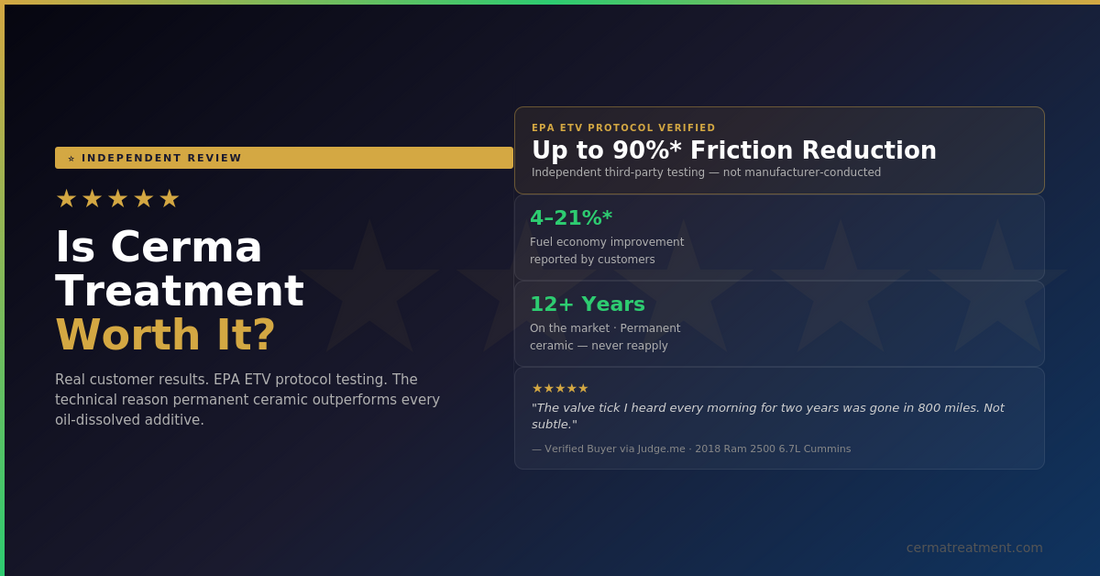 Is Cerma Treatment worth it review — EPA ETV protocol verified up to 90% friction reduction, 4-21% fuel economy improvement, 12+ years on market, verified buyer results at cermatreatment.com 2026