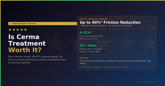 Is Cerma Treatment worth it review — EPA ETV protocol verified up to 90% friction reduction, 4-21% fuel economy improvement, 12+ years on market, verified buyer results at cermatreatment.com 2026