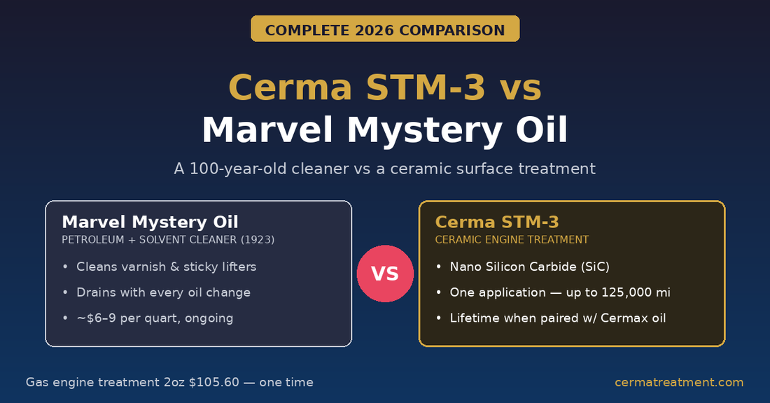 Cerma STM-3 vs Marvel Mystery Oil comparison - ceramic engine treatment vs petroleum solvent cleaner for gas engines