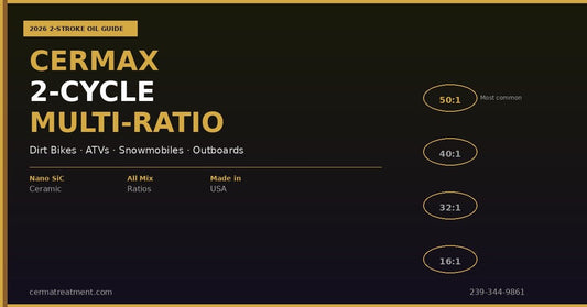 CERMAX 2-Cycle Multi-Ratio ceramic synthetic oil guide 2026 — dirt bikes ATVs snowmobiles outboards chainsaws — all 2-stroke engines — Cerma Treatment