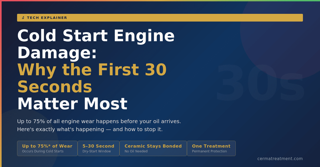 Cold start engine damage tech explainer 2026 — why the first 30 seconds cause up to 75% of engine wear and how Cerma STM-3 ceramic treatment provides permanent protection at cermatreatment.com