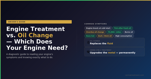 Engine treatment vs oil change driver's guide — 10-symptom diagnostic checker showing when to use oil change, ceramic treatment, or both at cermatreatment.com 2026