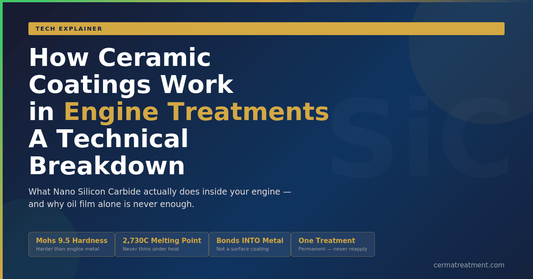 How ceramic engine coatings work tech explainer 2026 — Nano Silicon Carbide bonding to engine metal, Mohs 9.5 hardness, 2730C melting point, permanent protection at cermatreatment.com