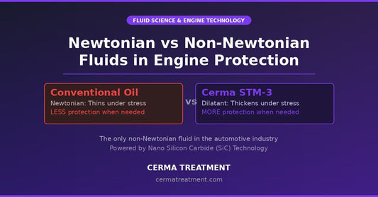 Newtonian vs non-Newtonian fluids in engine protection — conventional oil thins under stress vs Cerma STM-3 dilatant ceramic thickens under stress