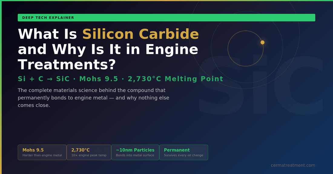 What is silicon carbide and why is it used in engine treatments — deep tech explainer showing Si + C = SiC formula, Mohs 9.5 hardness, 2730C melting point, permanent bonding to engine metal at cermatreatment.com 2026
