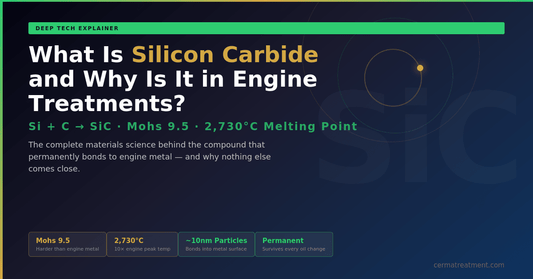 What is silicon carbide and why is it used in engine treatments — deep tech explainer showing Si + C = SiC formula, Mohs 9.5 hardness, 2730C melting point, permanent bonding to engine metal at cermatreatment.com 2026
